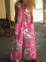 Combinaison ample vintage d'été pour femme, col en U, boutonnée sur le devant, imprimé floral, sans manches, avec poches, jambes larges, idéale pour les vacances et le quotidien