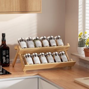 Étagère à épices en bois à 2 niveaux, rangement de bureau pour comptoir de cuisine, organisateur d'assaisonnements, couleur naturelle, couvercle en métal - Product Image 3