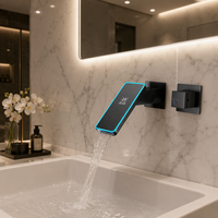 Robinet de salle de bain intelligent moderne noir mat, robinet intelligent mural avec affichage numérique de la température et lumière LED pour lavabo de salle de bain
