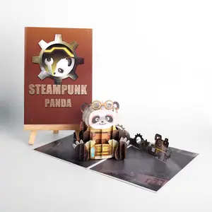 Winpsheng Custom Laser 3d Pop Up Cards Industrial Style Steampunk Panda Greeting Card