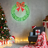 Karangan Bunga Natal Hijau 36 inci Dengan Pita, Lampu Tali Hijau Merah 175L, Remote Timer, Colokan UK 31V, Dekorasi Rumah untuk Liburan