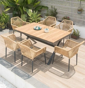 Buiten Dineren Set Massief Hout Aluminium Tafels En Rotan Geweven Stoelen Recreatie Tuinmeubilair Voor Patio