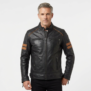 Chaqueta de cuero genuino negra para hombre, estilo motero con rayas color canela, abrigo de piel de vaca acolchado en los hombros, estilo Cafe Racer, personalizada, cálida para invierno - Product Image 1