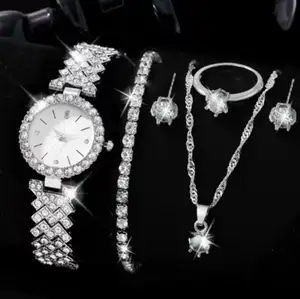 6 pièces ensemble montre de luxe femmes bague collier boucle d'oreille strass mode montre-bracelet décontracté dames montres Bracelet ensemble horloge CD119