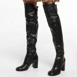 Casual Soft Leather Upper Round Toe Over Knee Boots Fashion <b>Shoes</b> Big Size 46 Zipper High Chunky Heel - Product Image 5