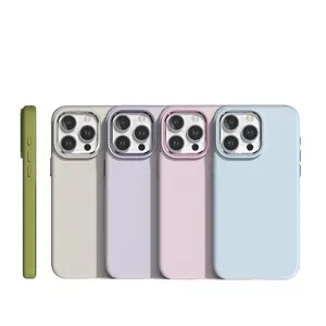 Coque de téléphone en silicone liquide de qualité supérieure Housse de protection anti-chute avec cadre de caméra en métal Coque souple de couleur pure pour iPhone Série 15