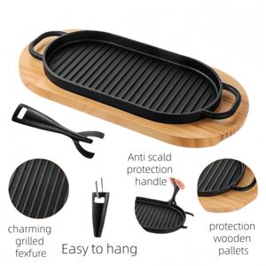 Plaque <span class=keywords><strong>rectangulaire</strong></span> multifonctionnelle en fonte antiadhésive avec base en bois - Product Image 2