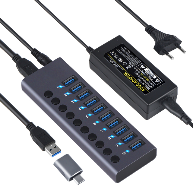 New 10 in 1 USB 3.0 Hub with Switch 5Gbps Data Transfer USB Charging Station-CE/FCC/ROHS Certified 1 Year Warranty in Stock