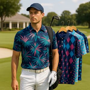 เสื้อโปโลเล่นกอล์ฟของผู้ชายเสื้อกีฬาแขนสั้นพิมพ์ลายพิมพ์ซับลิเมชันโลโก้ตามสั่ง - Product Image 1