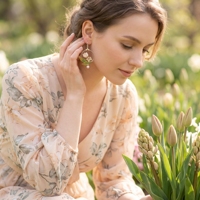 AE-997 Boucles d'oreilles créoles pendantes artisanales en argent avec fleur de lys en résine blanc ivoire et perle, accessoires de mariage et de mariée