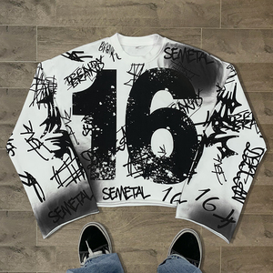 Mode poids lourd français éponge t-shirts Streetwear surdimensionné imprimé graphique T-shirts acide lavage à manches longues t-shirt pour hommes - Product Image 1