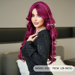 Perruque Lace Front pour <span class=keywords><strong>femme</strong></span>, <span class=keywords><strong>cheveux</strong></span> synthétiques longs et bouclés, ondulés, couleur fuchsia - Product Image 4