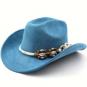 Sombrero Vaquero Occidental de Ante Vegano de Moda, Novedad Otoño-Invierno, con Cuerda de Cuentas de Madera - Product Image 6