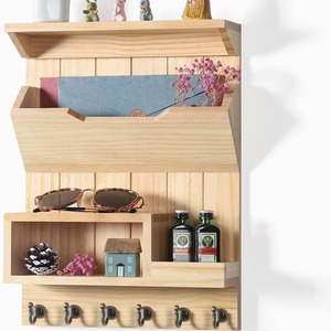 <b>Wall</b> <b>Mounted</b> Wooden Key <b>Shelf</b> With Mail Organizer Entryway Storage Rack Country Style Rectangle Multi Layer - Product Image 2