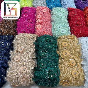 Broderie Florale 3D de Haute Qualité avec Strass, Garniture de Dentelle Nuptiale Lourde Multicolore Ornée de Perles et Paillettes, pour Robe - Product Image 1