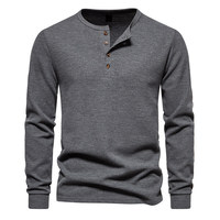 Chemise décontractée à manches longues pour homme, col Henley en tricot gaufré, 4 boutons, col roulé, coupe ajustée, respirante, écologique, pour le quotidien