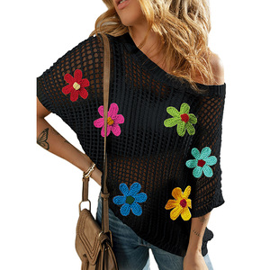 Loveda New Arrival T-Shirt lavorata a maglia ricamata floreale <span class=keywords><strong>traforata</strong></span> con fiore 3D - Product Image 6