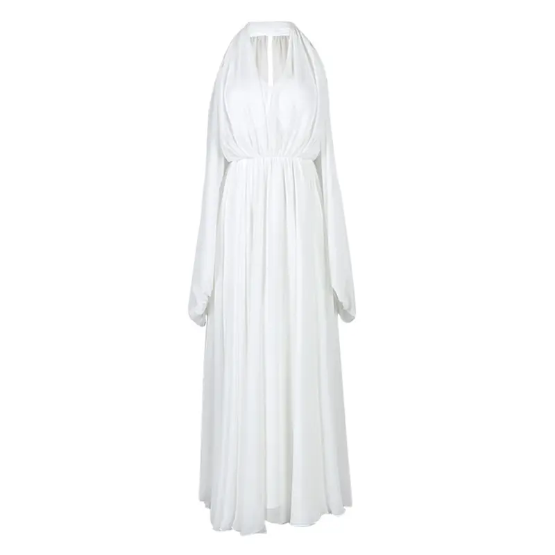 लगाम पट्टा OEM उच्च गुणवत्ता सुरुचिपूर्ण लंबी आस्तीन ठंडे कंधे लोचदार बैंड शिफॉन बागे उच्च Waisted महिलाओं के रेशम पोशाक