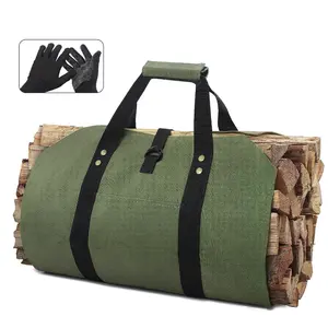 Large Storage Wood Carrying Tote Bag 16 oz Waxed Canvas Log Holder Firewood Carrier for Camping Fireplaces Barbecue