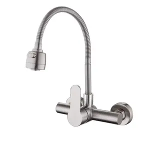 Wall Mount Stainless Steel Kitchen Sink Mixer Faucet Single Handle Tap With 360 Swivel Flexible Spray