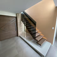 CBMmart Wholesale Modern Custom Mono Stringer Straight Staircase Beech Oak Wood Tread Glass Railing Indoor Villa Building