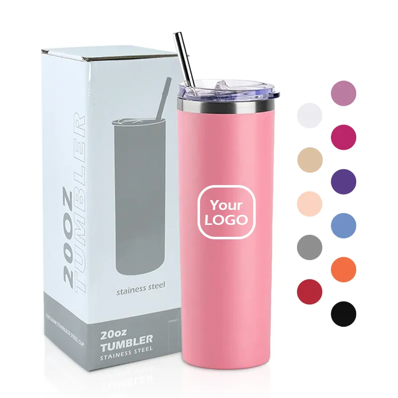 Wholesale cheap double wall 20oz skinny straight tumblers slim powder coated tumblers cup stainless steel with lid and straw