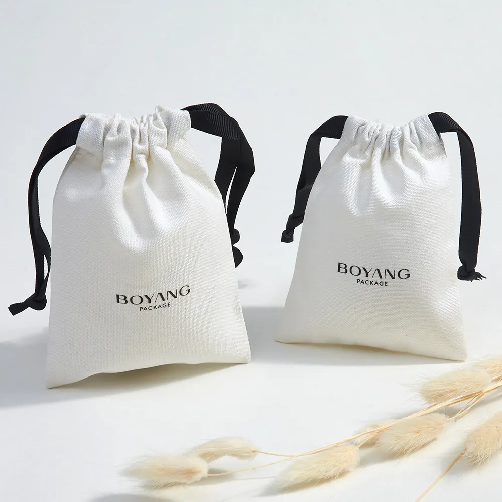Custom White Eco Friendly Necklace Earring Gift Packaging Cotton Canvas Jewelry Drawstring Bag Pouch
