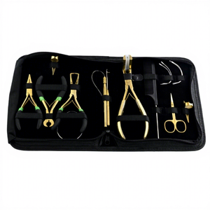 Professional Hair Extension Tools Kit with case Loop Hook <b>Beads</b> Pliers Threads Sccsior C Shape <b>Needles</b> Bond Cutter Stainless - Product Image 1