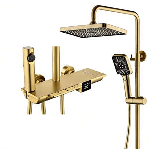 Brushed Gold Smart Shower System Exposed Wall <b>Mount</b> Square Rainfall Head Piano Key Panel LED Digital Display Bidet <b>Spray</b> - Product Image 1