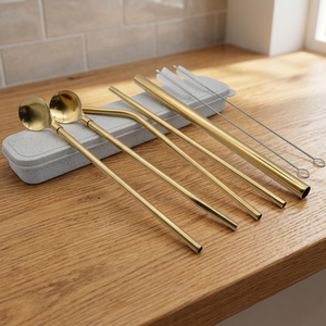 Ensemble de 5 pailles réutilisables en métal doré avec cuillère et nettoyeur, accessoires minimalistes pour bar à cocktails - Product Image 5