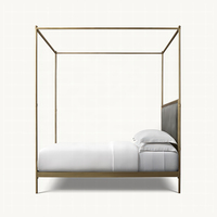 Lit en métal de style français moderne, taille Queen, avec baldaquin en fer inoxydable et panneau en tissu, pour hôtel/école