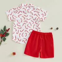 Tenues de Noël unisexes pour tout-petits, chemise en tricot à manches longues et col en V avec imprimé canne à sucre et ensemble short de couleur unie