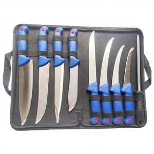 Ensemble de 8 couteaux à filet de poisson en acier inoxydable faits à la main, vente en gros, ambidextres, à lame droite, manche en plastique bleu, couteaux portables - Product Image 3