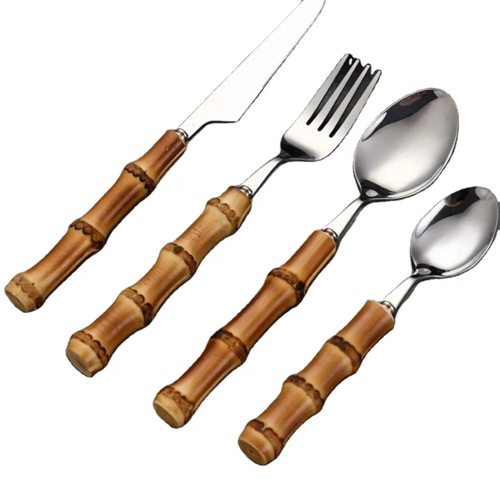 Unique Wholesale Products Stainless Steel 100% Natural Real Wooden Bamboo Handle Cutlery Set Silver Cutlery set