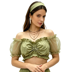 Haut court à épaules dénudées pour femme, manches bouffantes en maille, vert, style Prairie Chic, haut en tricot doux à manches courtes - Product Image 3