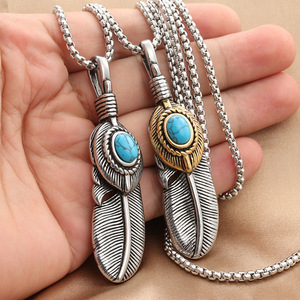 Pendentif plume en acier inoxydable avec pierre turquoise, collier pour homme, style punk rétro, ton argent et or - Product Image 4