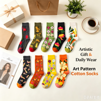 Chaussettes en coton unisexes à motifs artistiques, chaussettes mi-mollet jacquard à motifs floraux et animaux, chaussettes de mode, conception personnalisée OEM, chaussettes cadeaux en gros