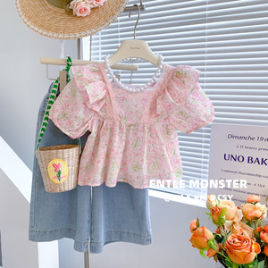 Tongxingyuan Girls Floral Short Sleeve Blouse Pink Lace Trim Summer 2025 Breathable Cotton Poplin Shirt - Product Image 2