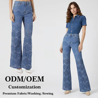 Celana Jeans Wanita High Waist Model Wide Leg Flare, Bordir 3D Laser Cut, Bahan Bernapas, Motif Bunga, Kasual, Dapat Dicuci, Warna Solid, Distressed