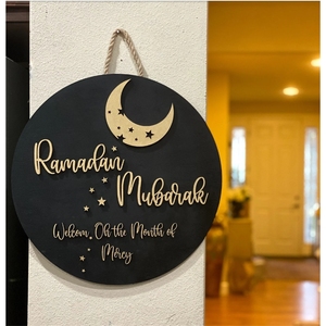 Decorazione Regalo per il Ramadan Musulmano, Insegna in Legno <span class=keywords><strong>Luna</strong></span> e Stella, Decorazione per Porta Ramadan Mubarak - Product Image 1