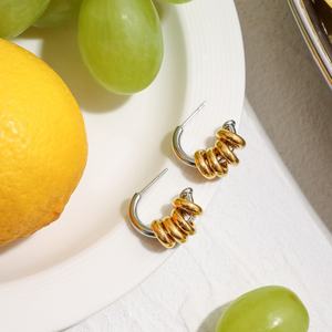 Pendientes de Acero Inoxidable en Forma de C, Hipoalergénicos, Modernos y de Alta Gama, con Bloques de Color Geométricos, Pendientes Dorados - Product Image 2