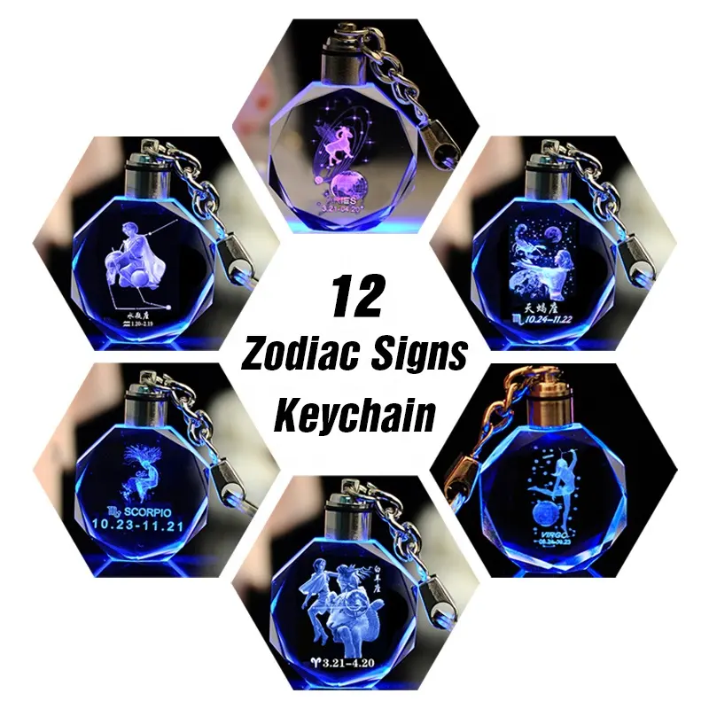 Led Light Up Crystal 12 Constellation Crystal Keychain Zodiac Signs Keychain Horoscope Gift