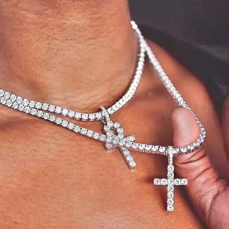 Pass Diamond Tester 925 Sterling Silver VVS Moissanite Diamond Ankh Cross Pendant 4mm Tennis Chain Necklace Jewelry Set