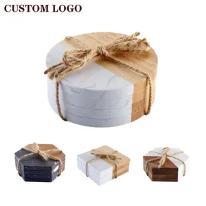 Factory Wholesale Square White Wooden Marble Coaster Round Hexagon Marble And Wood Coasters 4 Set For Tea Drink