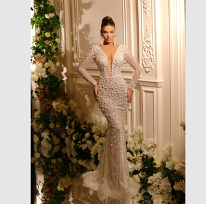 A10474米格服装新款设计优雅亮片珍珠刺绣蕾丝面料舞会礼服女士性感紧身派对晚礼服 - Product Image 1