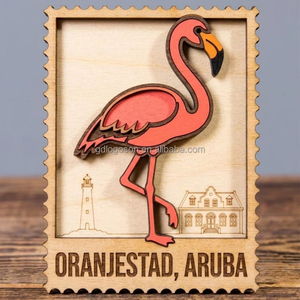 Aimant de réfrigérateur en bois personnalisé, découpé au laser, en forme de timbre, sur le thème de Oranjestad Aruba, avec flamant rose superposé, souvenir des Caraïbes, vente en gros - Product Image 1