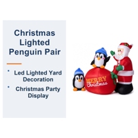 Décoration de jardin gonflable de Noël en forme de couple de pingouins, illuminée avec Père Noël et un sac cadeau, pour les fêtes en plein air et la décoration intérieure