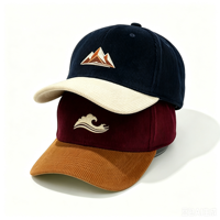 Gorra de béisbol de pana bicolor con logotipo bordado personalizado, estilo Dad Hat sin estructura, gorra Trucker vintage con parches y diseño de frutas.