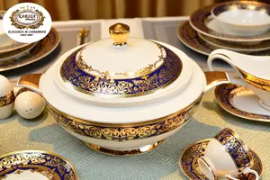 Juego de vajilla de lujo, juego de cena de porcelana dorada de alta calidad