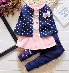 Casual Baby Girl Clothing Set Long Sleeve Cotton Top+Dot Sweater Cardigan+Long Pants 3 Pcs Outfits Kid Wears Fall Baby Gift Sets
